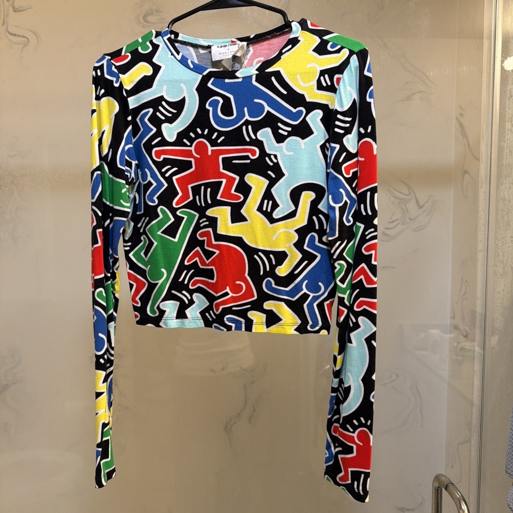 Alice + Olivia x Keith Haring Womens Small Long Sleeve Crop Top Multicolor